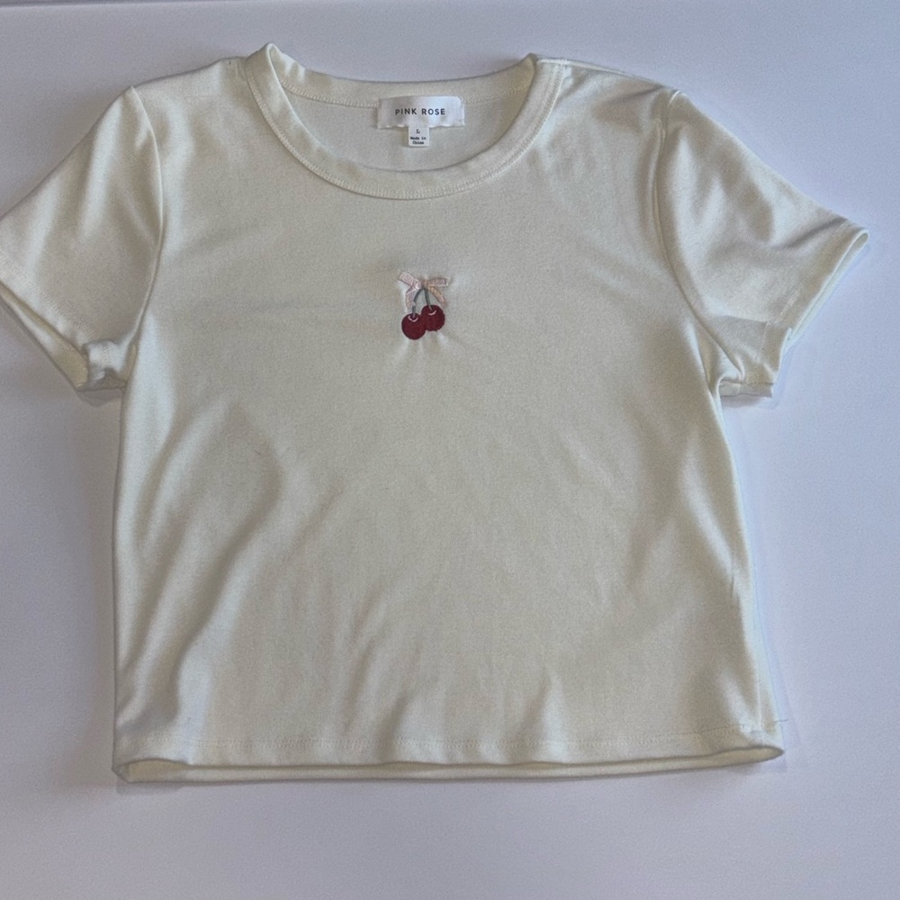 Pink Rose Ivory Teens Tee with Cherry Detail